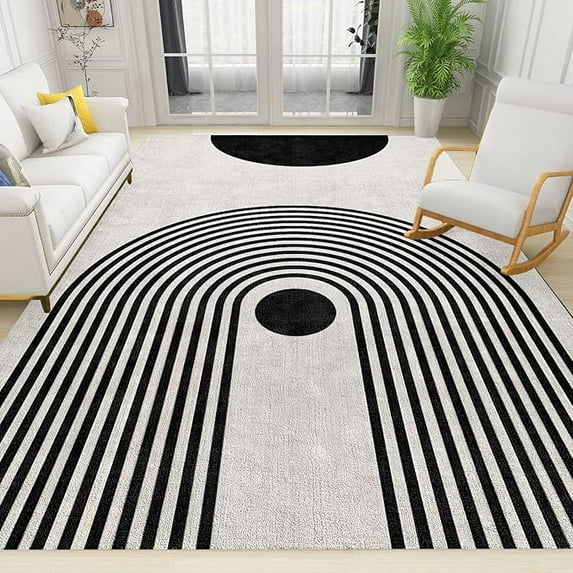 Mid Century Black And White Area Rug, Modern Geometry Line Art Soft Washable Rugs, Boho Abstract Distressed Floor Carpet For Living Room Bedroom Office Apartment 3 x 4ft
