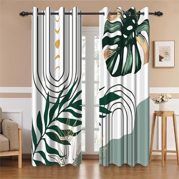 Mid Century Blackout Curtains, Abstract Boho Sun And Moon Window Curtains For Living Room Green Tropical Leaves Room Darkening Drapes With Grommets 53"W x 84"L (Pack of 2)