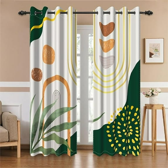 Mid Century Blackout Curtains, Abstract Minimalist Arch Window Curtain For Living Room Green And Yellow Room Darkening Drapes With Grommets 53"W x 84"L (Pack of 2)