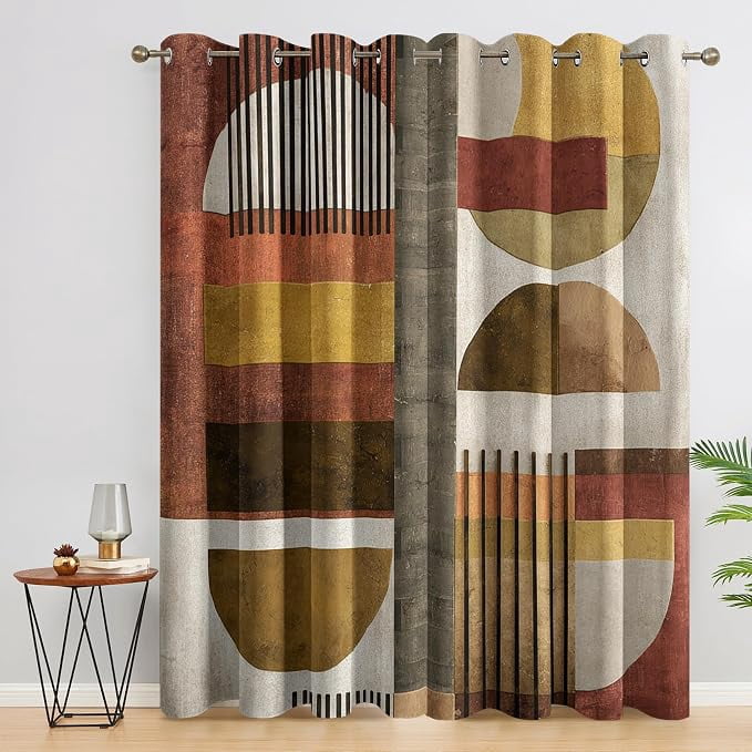 Mid Century Blackout Curtains, Retro Geometric Abstract Curtains for