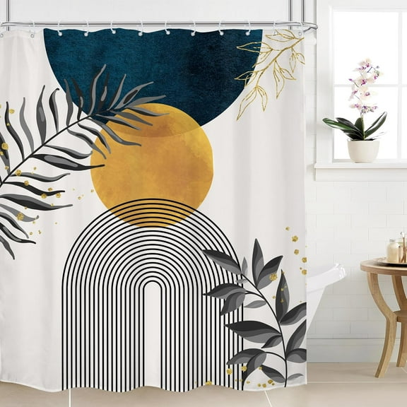 Mid Century Blue Boho Shower Curtain Abstract Modern Blue for Bathroom Decor Plant Botanical Sun Fabric Liner Waterproof Polyester With Hooks-60"W x 72"L (Pack of 1)