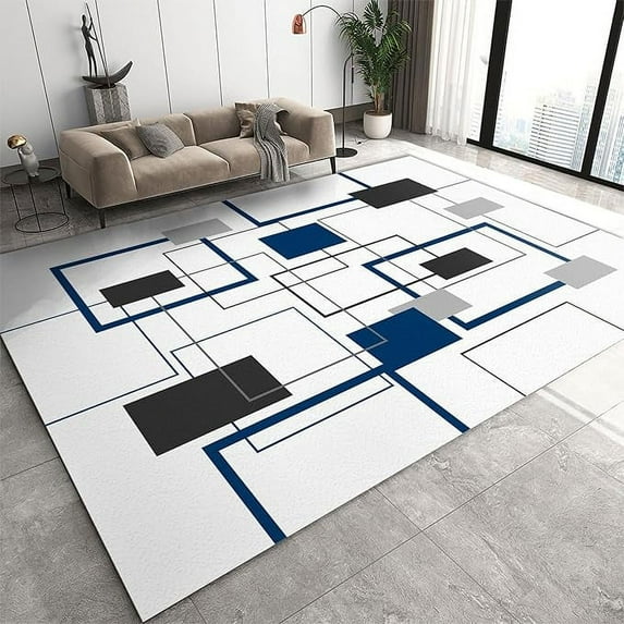 Mid Century Blue Geometric Area Rug, Modern Nordic Style Home Decor Rug, Floor Carpet Machine Washable Soft Comfortable For Living Room Office Dining Room Hallway 4 x 5ft