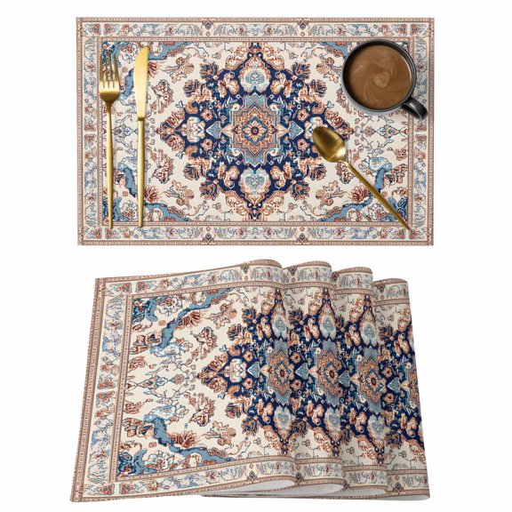 Mid Century Bohemia Retro Flower Placemats Set of 6,Wipeable Washable Table Mats for Dining Tables, Terracotta Aesthetic Place Mats for Kitchen Event Party Tabletop Decor