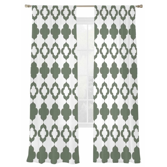Mid Century Bohemia Sheer Curtains 2 Panels Set Abstract Boho Pattern Sage Green Geometric Sheer Window Curtains Light Filtering Rod Pocket Voile Drapes for Bedroom Living Room 52"X84"