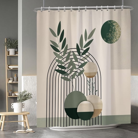Mid Century Bohemia Shower Curtain Green Moon Leaves Shower Curtain for Bathroom Geometric Aesthetic Bathtub Bathroom Decor Polyester Durable Shower Curtain with Hooks 72x84 Inches
