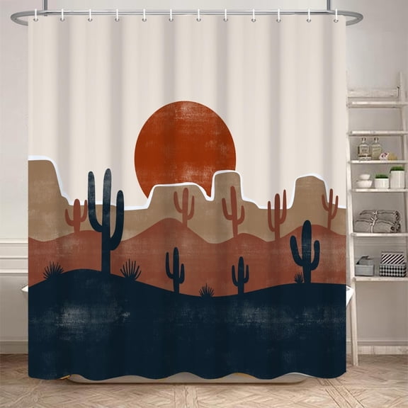 Mid Century Bohemian Bathroom Shower Curtain Desert Cactus Red Sun with Hooks Waterproof Fabric Polyester Modern Aesthetics Home Decorative, 72x84 Inch