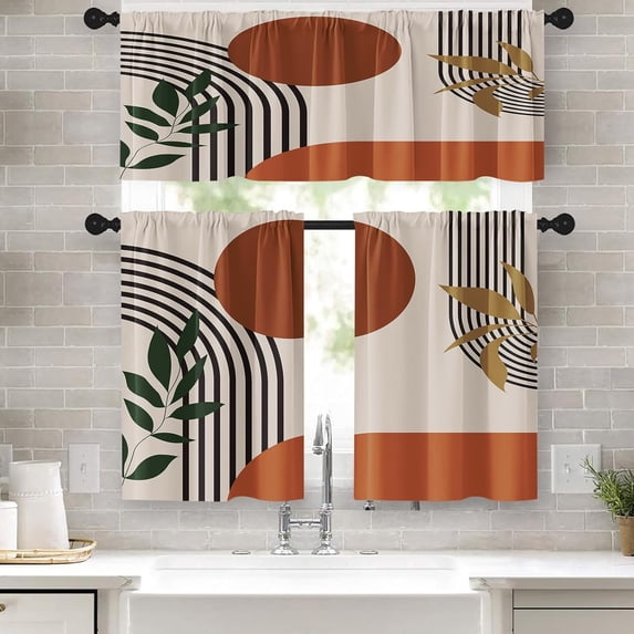 Mid Century Bohemian Kitchen Curtains Minimalist Window Curtains and Valances Set 36 Inch, Geometric Palm Leaf Sun Art Rod Pocket Short Tier Curtain, Vintage Small Curtains for Kitchen Decor