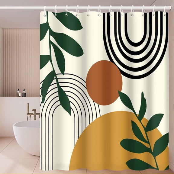Mid-Century Bohemian Shower Curtain - Orange Sun Green Eucalyptus Leaves Arch Design, Waterproof Polyester Fabric, Includes Hooks, 72x72 Inch, Perfect for Contemporary and Artistic Bathrooms