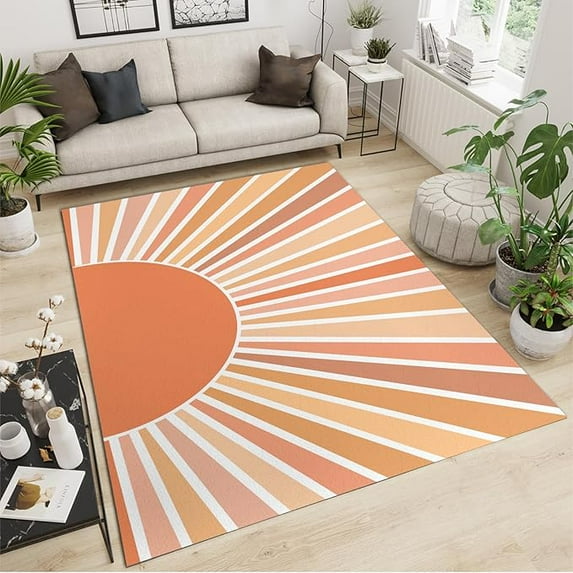 Mid-Century Bohemian Sun Area Rug, Orange Ray Stripes Kids Nursery Rugs, Non Slip Low Pile Washable Foldable Mat For Sofa Living Room Bedroom Entryway Hallway Office Kitchen 4 x 5ft