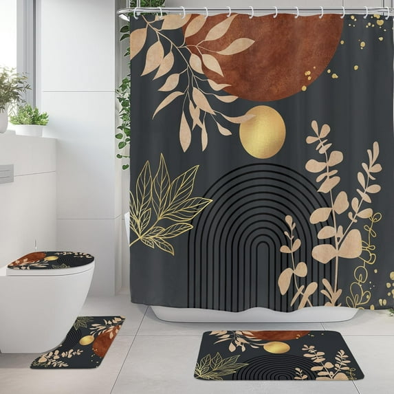 Mid Century Boho 4Pcs Bathroom Shower Curtain Sets Abstract Aesthetic Sun Modern Bathroom Decor Set with Rugs and Accessories Minimalist Toilet Lid Rug, Contour and Bath Mat with 12 Hooks