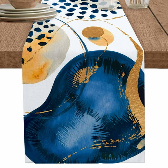 Mid Century Boho Aesthetic Blue Color Block Table Runner-36 Inch Long Abstract Art Table Runners Linen Burlap Tablerunner for Kitchen Dining Room Holiday Party