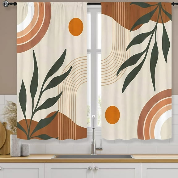 Mid Century Boho Arch Kitchen Curtains Rod Pocket Abstract Geometric Modern Aesthetic Rainbow Small Short Cafe Curtains Leaves Sun Window Treatment Drapes Home Decor-27.5W X 36L Inch 2 Panels