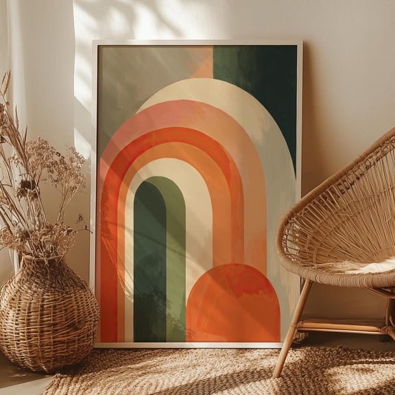 Mid Century Boho Arch Wall Art, Terracotta Green Abstract Decor, Unframed Paper Print Size 8x12