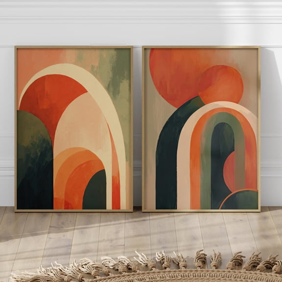 Mid Century Boho Arch Wall Art Terracotta Green Geometric Modern Minimalist Set 2 Unframed Paper Print