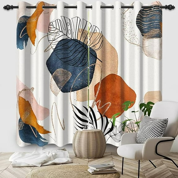 Mid Century Boho Blackout Curtains, Abstract Leaves Window Curtain For Living Room Navy Blue Terracotta Thermal Insulated Window Treatment Grommets Room Darkening Drapes 53"W x 63"L (Pack of 2)