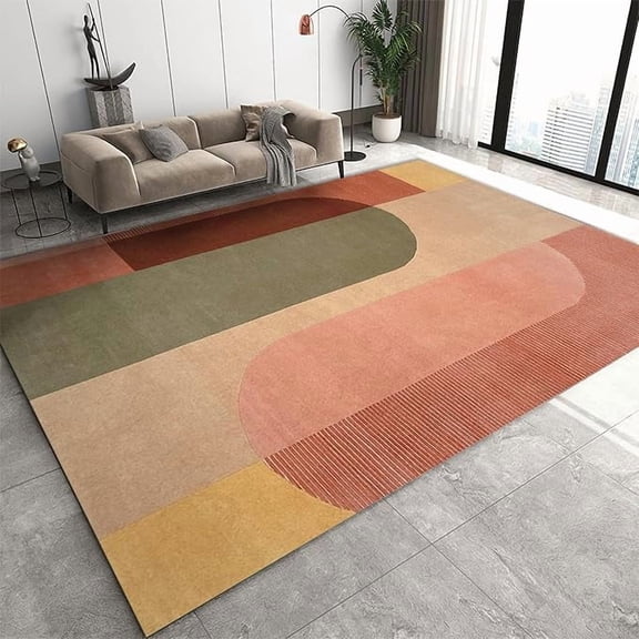 Mid Century Boho Geometry Area Rug, Retro Orange-Green Gradient Art Living Room Rug, Machine Washable Breathable Durable Carpet for Room Sofa Living Room Mat Bedroom Home Decor 5 x 6ft
