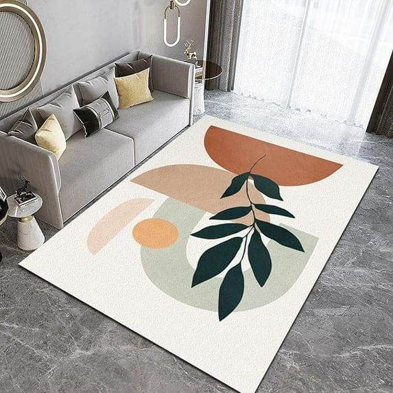 Mid-Century Boho Geometry Art Nursery Rugs, Nordic Palm Leaves Kids Area Rugs, Non-Slip Easy Clean Low Pile Soft Washable Playing Mat For Living Room Bedroom Entryway Hallway 5x8ft