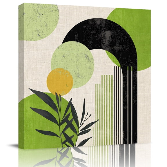 Mid Century Boho Green Color Block Canvas Artwork Painting Art, Vintage Abstract Plant Square Framed Wall Decorations Prints Picture for Bedroom Kitchen Living Room, 8x8 in