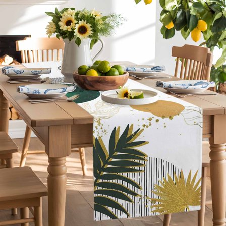 Mid Century Boho Green Color Block Table Runner-90 Inch Long Abstract Tropical Plant Table Runners Linen Burlap Tablerunner for Kitchen Dining Room Holiday Party