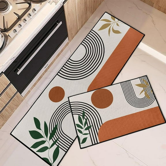 Mid Century Boho Home Kitchen Rugs and Mats Non Skid Washable Set of 2, Bohemian Kitchen Mats for Floor, Abstract Geometric Kitchen Runner Rug, Modern Minimalist Kitchen Decor