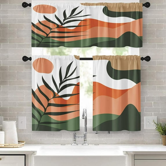 Mid Century Boho Kitchen Curtains Minimalist Window Curtains and Valances Set 36 Inch, Palm Leaves Sun Mountain Art Rod Pocket Short Tier Curtain, Bohemian Small Curtains for Kitchen Decor