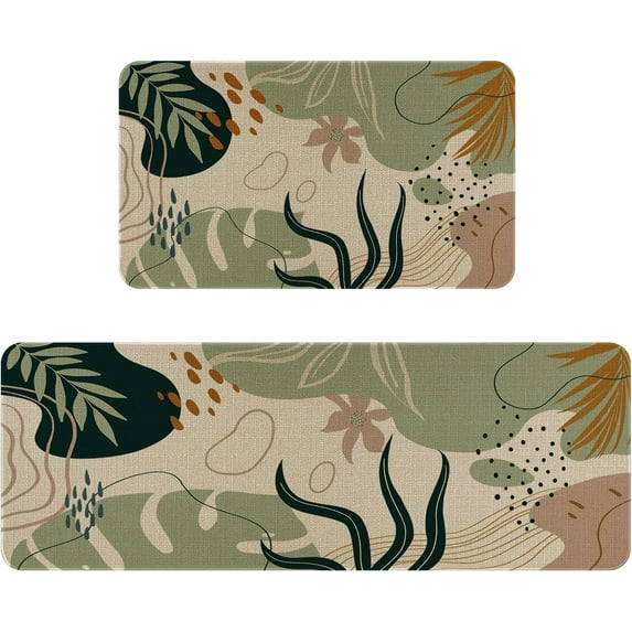 Mid Century Boho Kitchen Rugs and Mats Set of 2, Farmhouse Style Abstract Tropical Leaf Kitchen Mat for Floor, Non-Slip Washable Kitchen Sink Mats Decor Doormat(17x30Inch)+Runner Rug(17x47 Inch)
