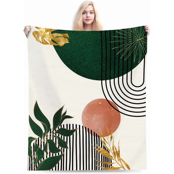 Mid Century Boho Leaves Throw Blanket, Soft Flannel, Green Retro Geometric