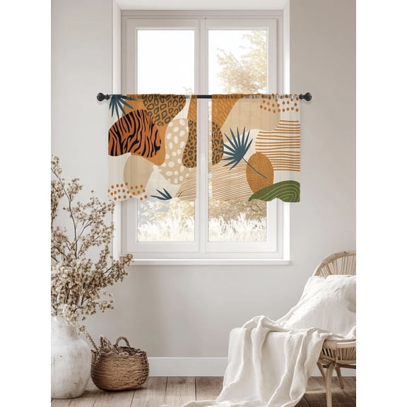 Mid Century Boho Leopard Stripe Color Block Chiffon Sheer Curtains 45 Inches Long Abstract Leaf Rod Pocket Window Curtains Voile Drapes Curtains for Living Room Bedroom,2 Panels