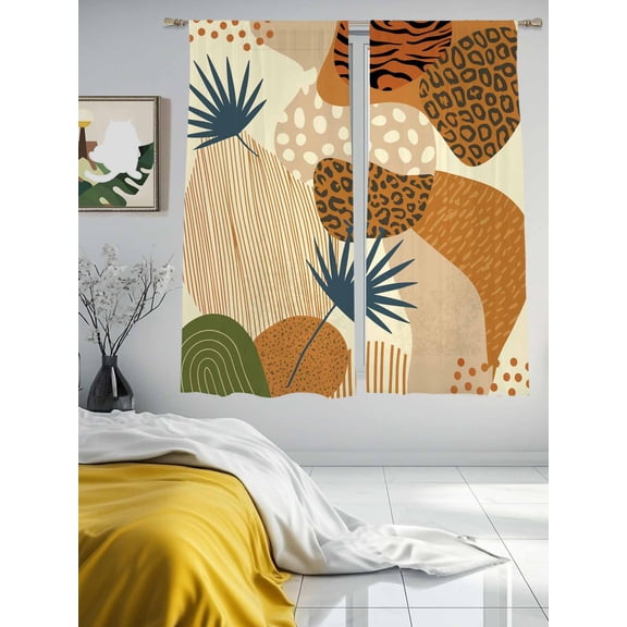Mid Century Boho Leopard Stripe Color Block Sheer Curtains 2 Panels Set Abstract Leaf Lihgt Filtering Rod Pocket Voile Drape,Semi Sheer Window Curtains for Bedroom Living Room,52"x63"