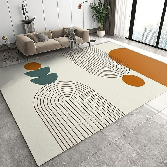 Mid-Century Boho Orange Green Geometric Indoor Rugs, Black Arch Lines Printed Area Rug, Non Slip Washable Foldable Carpet Mat For Living Room Bedroom Entryway Hallway Nursery 5 x 7ft