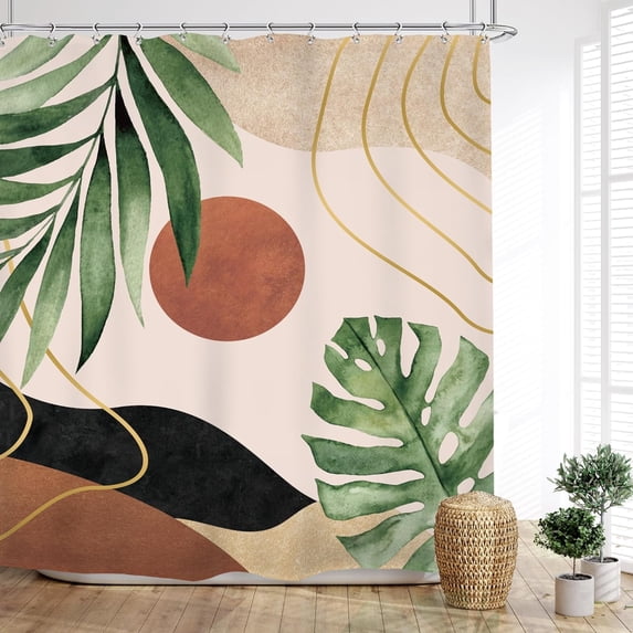 Mid Century Boho Shower Curtain Abstract Tropical Palm Leaves Sun Minimalist Botanical Bathroom Modern Terracotta Geometric 72Wx72L Inches Bath Accessories Art Home Decor Fabric 12 Pack Hooks