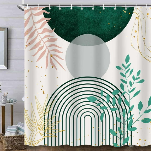 Mid Century Boho Shower Curtain for Bathroom Decor, Abstract Modern Sun Minimalist Aesthetic Arch Curve Leaves Geometric Neutral Fabric Waterproof Polyester Beautiful Bath Curtain Green 36X72in