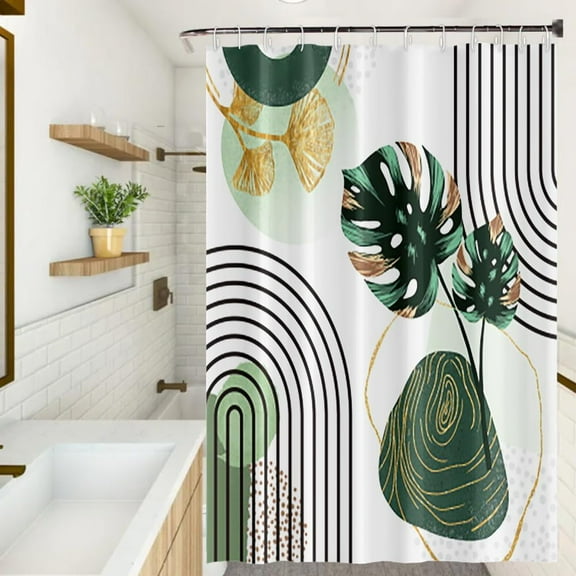 Mid Century Boho Shower Curtain Green Palm Gold Ginkgo Leaf Abstract Arch Decorative Bath Curtain 72x72 Inch Polyester Fabric Waterproof Aesthetics Bathroom Curtain with Hooks