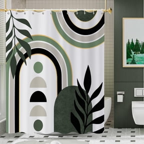 Mid Century Boho Shower Curtain, Green White Gold Modern Sun Minimalist Aesthetic Arch Curve Leaf Geometric Bathroom Curtain Waterproof Fabric Machine Washable with Hooks, 72"Wx84"L
