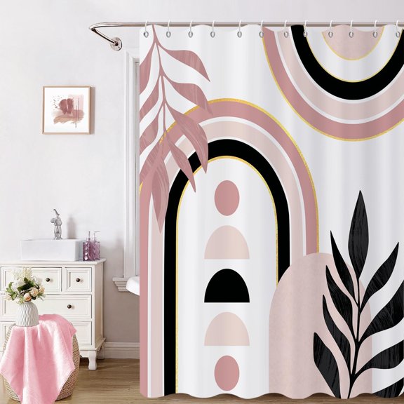 Mid Century Boho Shower Curtain, Pink Gold Abstract Modern Sun Minimalist Aesthetic Arch Curve Leaves Geometric Bathroom Curtain Waterproof Machine Washable with Hooks 60"W x 72"L (Pack of 1)