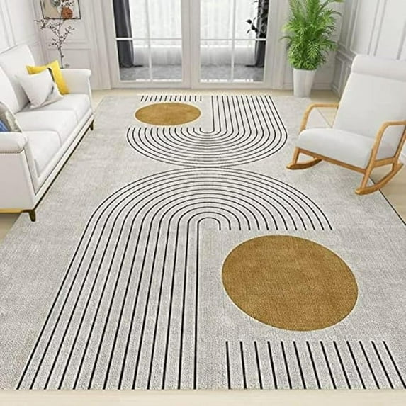 Mid-Century Boho Sun Art Area Rugs, Modern Geometric Cream Color Carpet, Foldable Non Slip Backing Low Pile Shed-Free Washable Mat For Living Room Bedroom Nursery Entryway Garden 5x8ft