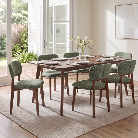 Mid-Century Boucle Dining Chairs Set of 6, Upholstered Kitchen & Dining Room Chairs with Curved Back, Foam Seat, X-Brace Solid Wood Legs, Farmhouse Accent for Dining, Kitchen, Living Room