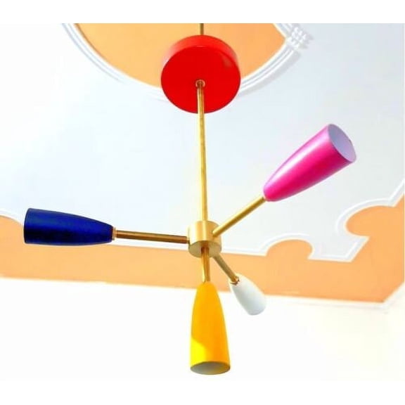 Mid Century Brass Chandelier Designe Multi Colored Sputnik Cone Shade Handmade