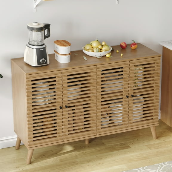 Mid-Century Buffet Sideboard with 4 Slatted Doors, 47" W Buffet Cabinet with Shelves, Accent Storage Cabinets Cupboard Console for Dining Room, Kitchen, Oak