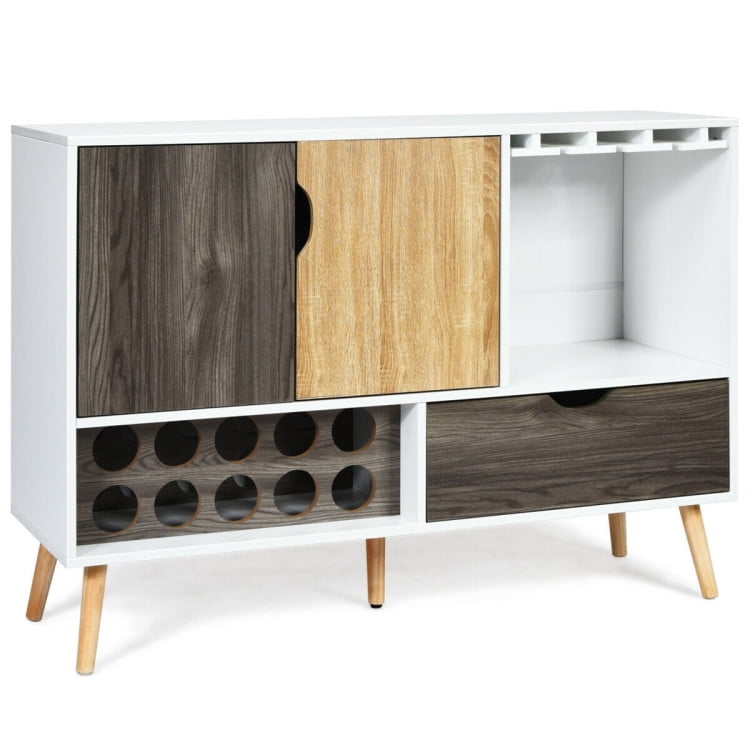 Mid-Century White and Brown Wooden Buffet Sideboard with Wine Rack