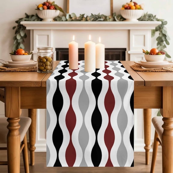 Mid Century Burgundy Red Ripple Table Runner 70 Inches Long,Kitchen Dining Tablerunners Grey Stripe Abstract Geometric Linen Table Runners Dresser Scarves for Home Dinner Wedding Holiday Party Decor