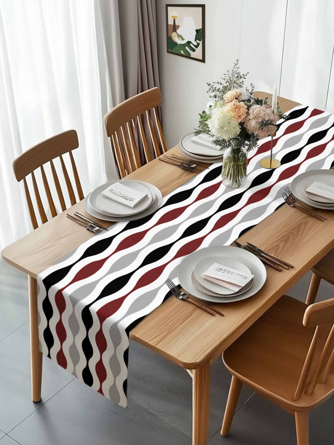 Mid Century Burgundy Red Ripple Table Runner 90 Inches Long, Grey Stripe Abstract Geometric Table Runners Tabletop Scarf Kitchen Dining Tables Decoration for Home Party Indoor Outdoor