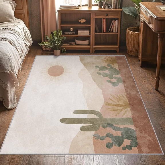Mid Century Cactus Area Rug, Desert Boho Pattern Carpet, Washable Non Slip Low Pile Soft Thin, Living Room Bedroom Home Decor Mat 4x6ft