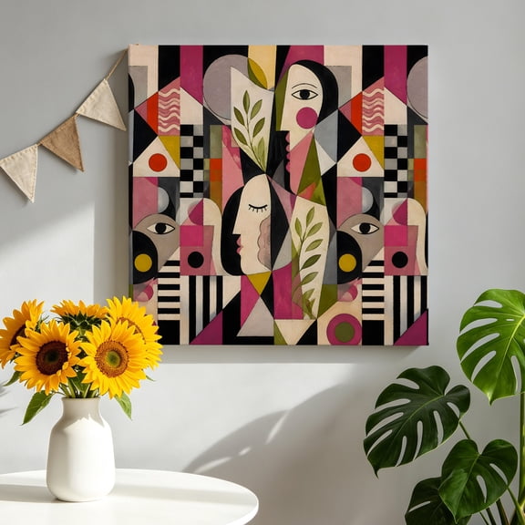 Mid Century Canvas Wall Art, Abstract Overlapping Face Silhouettes Botanical Leaf Framed Canvas Wall Decor Picture Print Artwork Decorations for Living Room Office Ready to Hang 8" x 8"