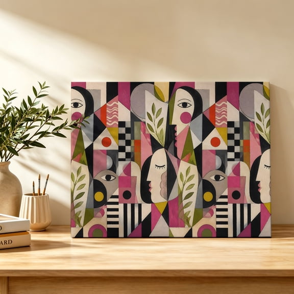 Mid Century Canvas Wall Art, Abstract Overlapping Face Silhouettes Botanical Leaf Wall Art Prints Artwork Framed Canvas Ready to Hang Art Pictures for Bathroom Bedroom Entry Desk Corner 10" x 8"