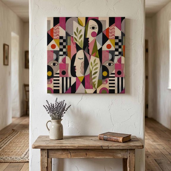 Mid Century Canvas Wall Art for Living Room Bedroom Bathroom, Abstract Overlapping Face Silhouettes Botanical Leaf Canvas Art Wall Decor, Artwork for Walls Home Office Decor, 8"x8"