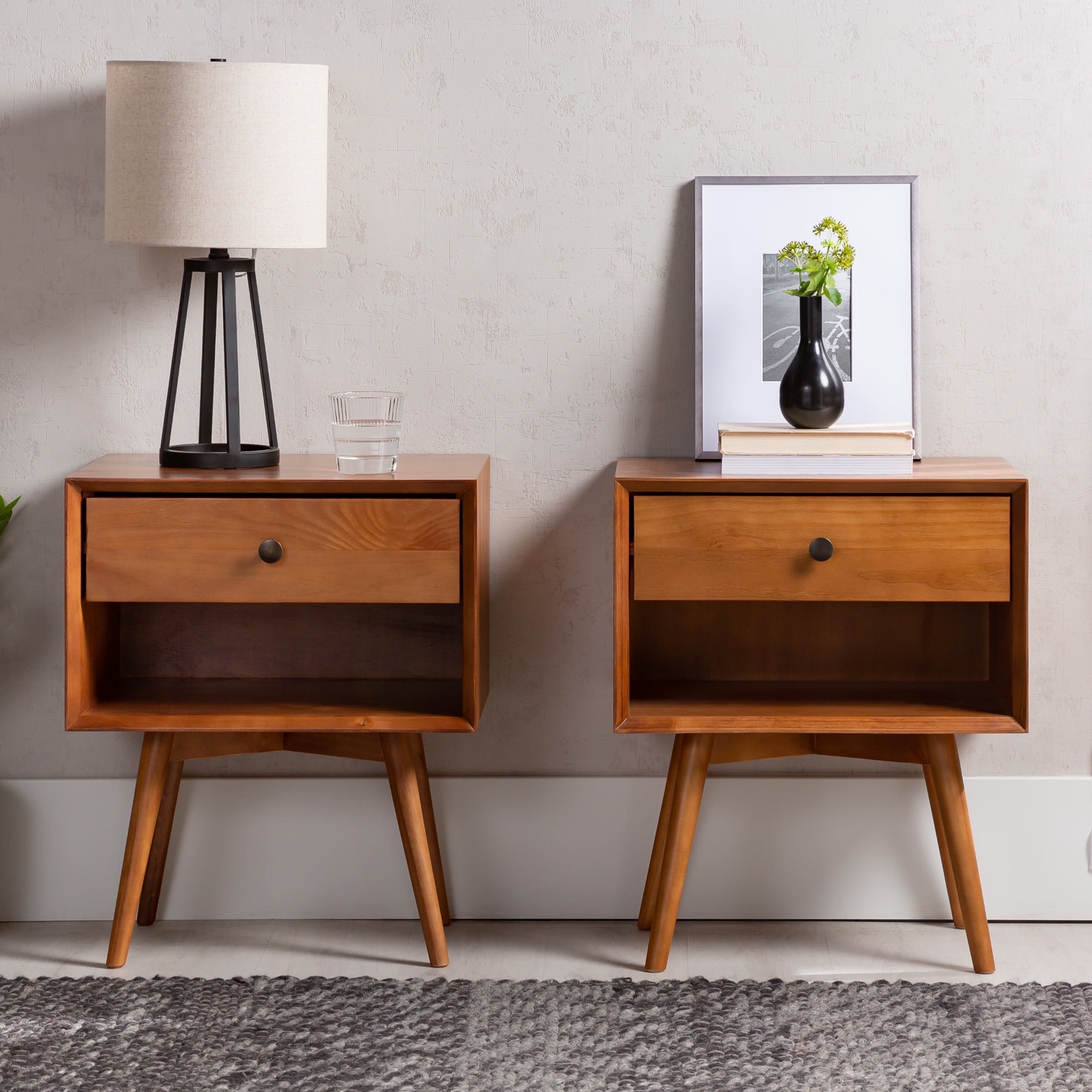 Mid-Century Caramel Solid Wood Nightstands by Walker Edison, Set of 2, Caramel