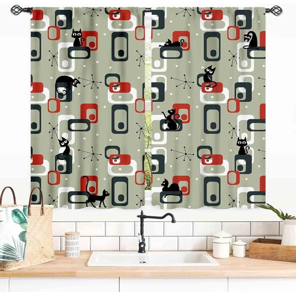 Mid Century Cat Curtains, Modern Abstract Atomic Geometric Print Lovely Black Kittey Retro Pastel Blackout Window Drapery for Living Room Bedroom Bathroom Kitchen 42"W x 84"L (Pack of 2)