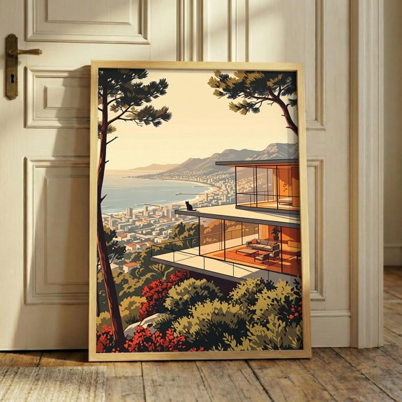 Mid Century Cat Print , Retro Architecture Art, Coastal Hillside Poster, Black Cat Balcony, Vintage Landscape Decor, La House Wall Art , Poster Print Only