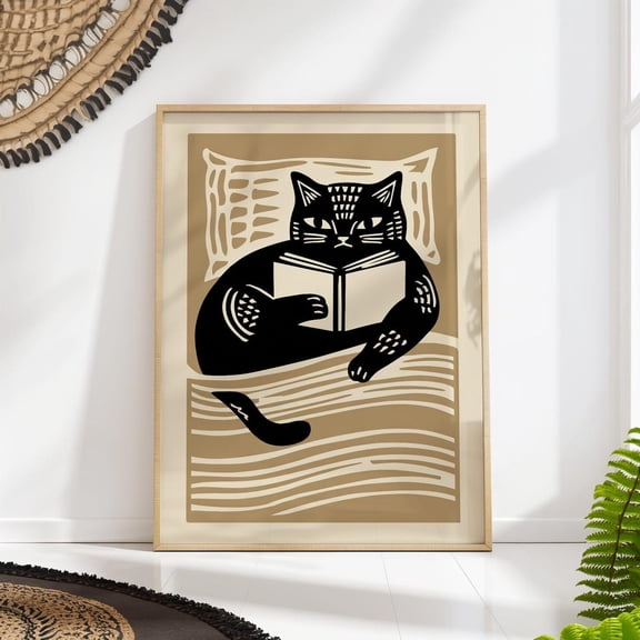 Mid Century Cat Reading Print Folk Art Nursery Animal Decoration Unframed Paper Print